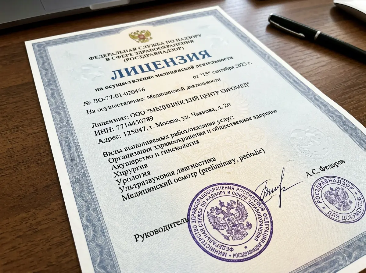Лицензия Росздравнадзора на медицинскую деятельность — официальный документ с печатью, крупный план