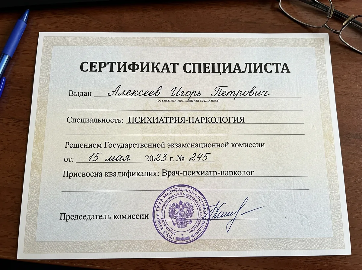 Сертификат специалиста психиатра-нарколога — документ с подписью и печатью медицинского учреждения