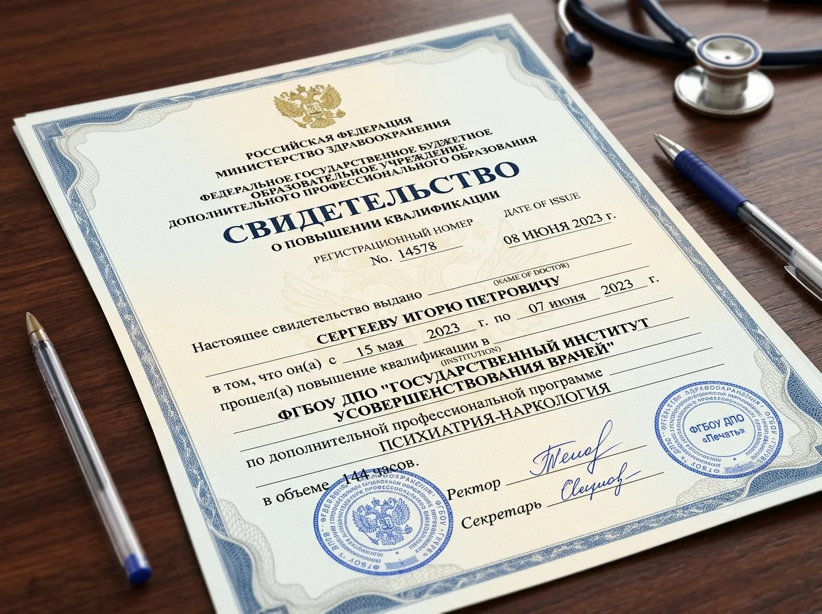 Свидетельство о повышении квалификации нарколога, государственный институт усовершенствования врачей