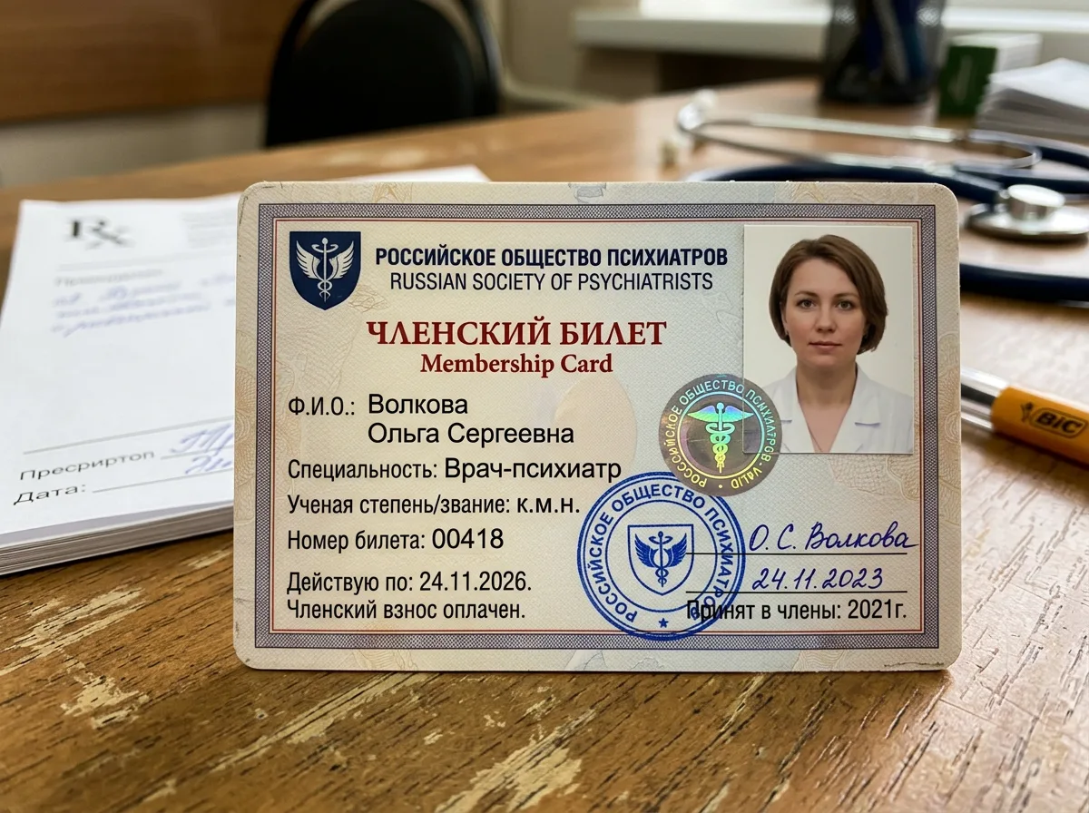 Членский билет Российского общества психиатров с голограммой и подписью, медицинский документ