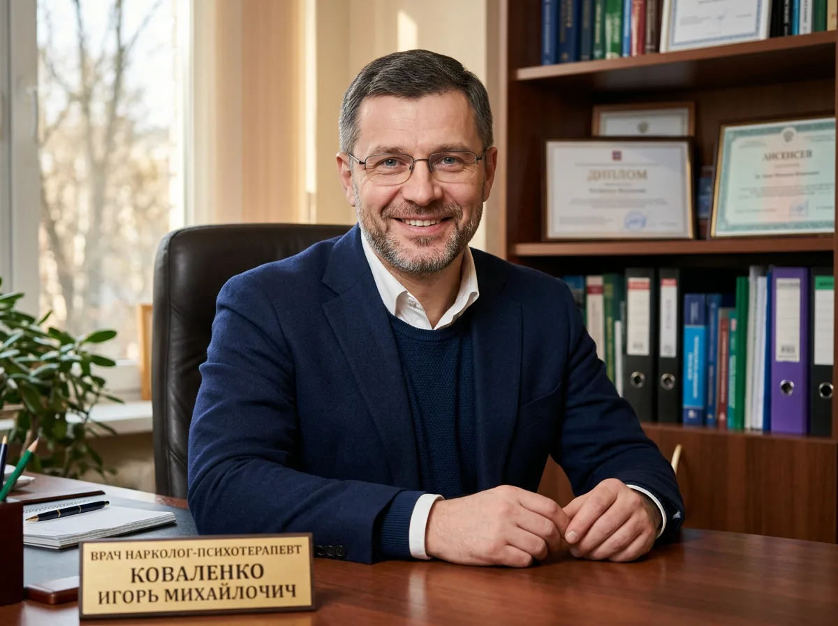 Врач нарколог-психотерапевт Коваленко Игорь Михайлович, мужчина 45 лет, в тёмном пиджаке, доброжелательный портрет