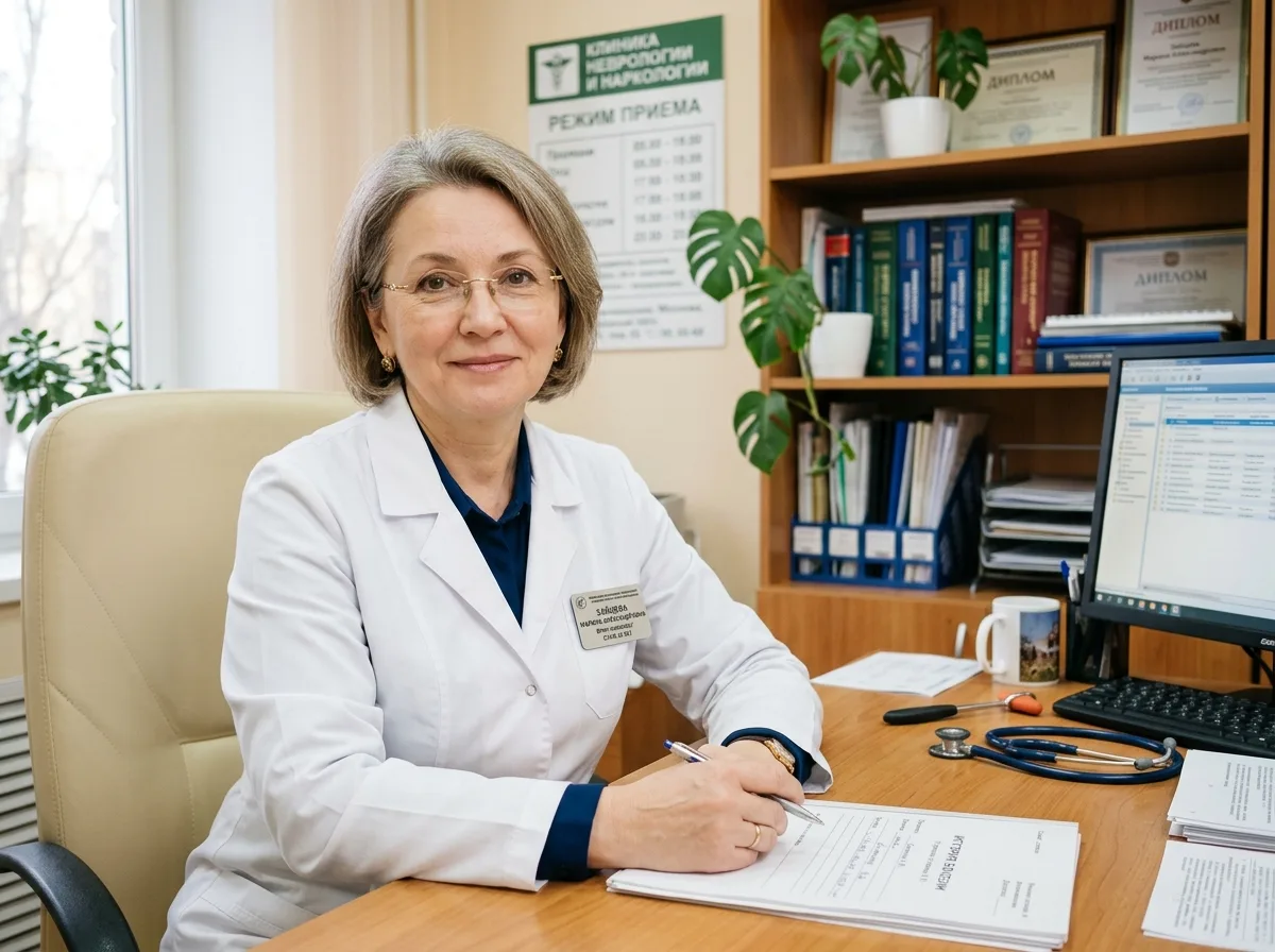 Врач-нарколог Зайцева Марина Александровна, женщина 50 лет, опытный специалист, белый халат, профессиональный портрет